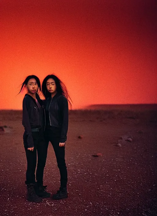 Image similar to cinestill 5 0 d photographic portrait of two loving female androids wearing rugged black techwear on a desolate plain with a red sky, extreme closeup, lizard on ground, cyberpunk style, in front of a brutalist dark metal facility, dust storm, 8 k, hd, high resolution, 3 5 mm, f / 3 2, ultra realistic faces