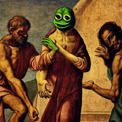 Prompt: pepe the frog in the raising of lazarus, style of michaelangelo