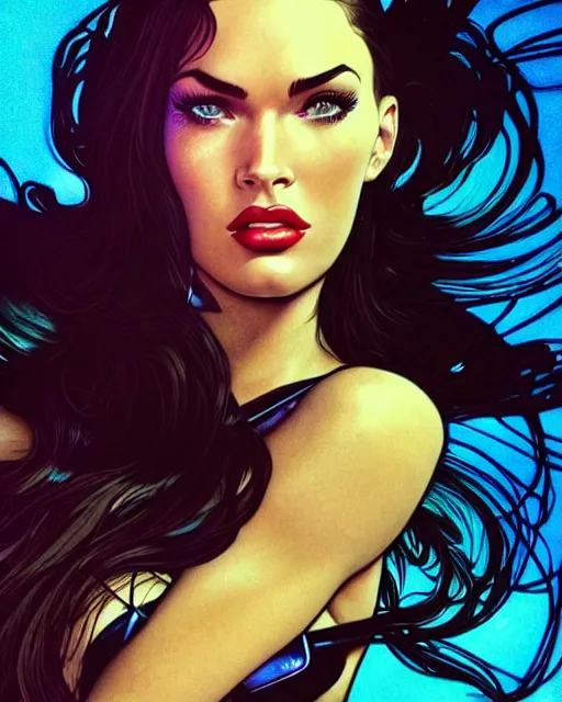 Image similar to low angle closeup very seductive megan fox retro scifi goddess pinup, vr goggles, action glamour pose, windblown dark hair, hyper detailed, digital art, studio lighting, smooth, ambient lighting, sharp focus, frank miller, wlop, anna dittmann, moebius!, alphonse mucha, patrick nagle!!!, rim lighting, synthwave