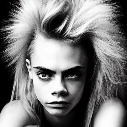 Prompt: photo of a gorgeous 20-year-old Cara Delevingne 1980s punk hairstyle by Mario Testino, detailed, head shot, award winning, Sony a7R -