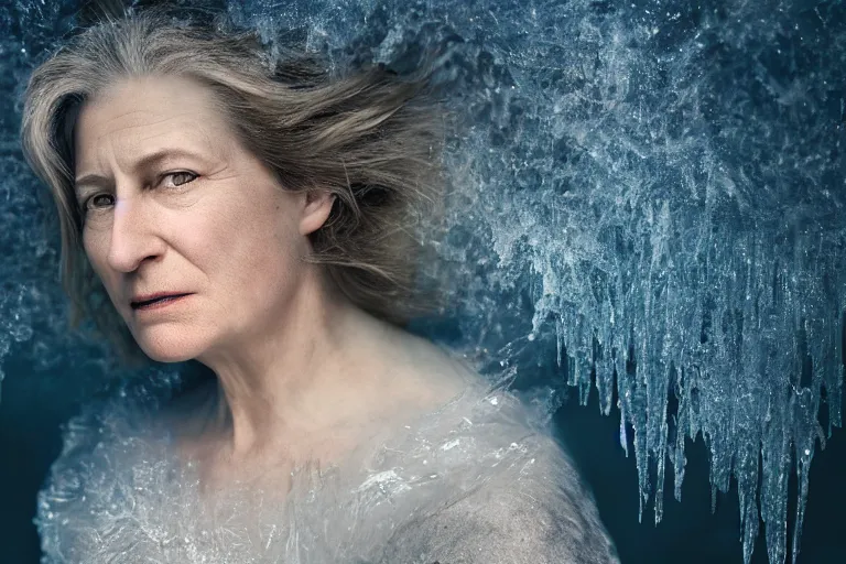 Image similar to a highly detailed cinematic headshot portrait of a frozen middle aged woman stood in a field, field on fire, ultra realistic, depth, beautiful lighting, by annie leibovitz, photorealistic, hyperrealistic, octane, masterpiece