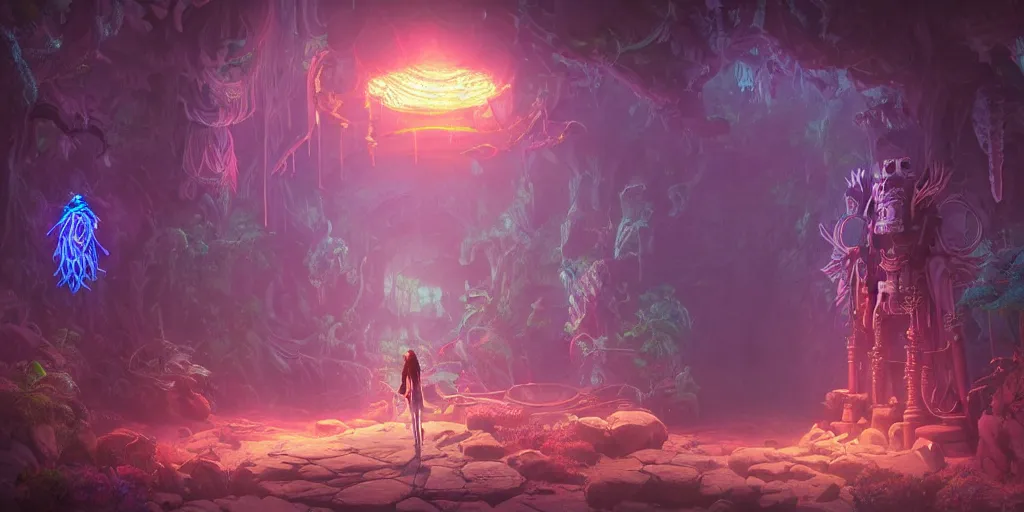 Image similar to 3 d scene of temple portal modelling goddess close - woodsman wearing a steampunk and neonpunk mechanical fluorescent mystical animal mask in strange misty mountain landscape. betta fish, jellyfish phoenix, bio luminescent, plasma, ice, water, wind, creature, artwork by tooth wu and wlop and beeple and greg rutkowski