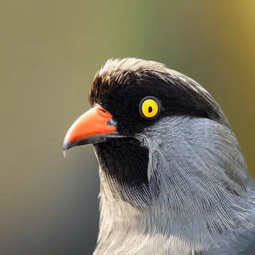 Image similar to bird stares face on into camera with quizzical expression, detailed cartoon