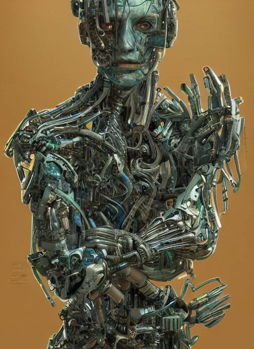 Image similar to hyper - detailed fine painting of a humanoid cyborg half cybernetic and half made of plants and wood, concept art magical highlight