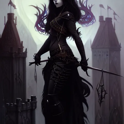 Image similar to A epic fantasy portrait of a cute goth woman, castle setting, horror movie lightning, intricate, elegant, highly detailed, digital painting, artstation, concept art, matte, sharp focus, illustration, art by Artgerm and Greg Rutkowski and Alphonse Mucha