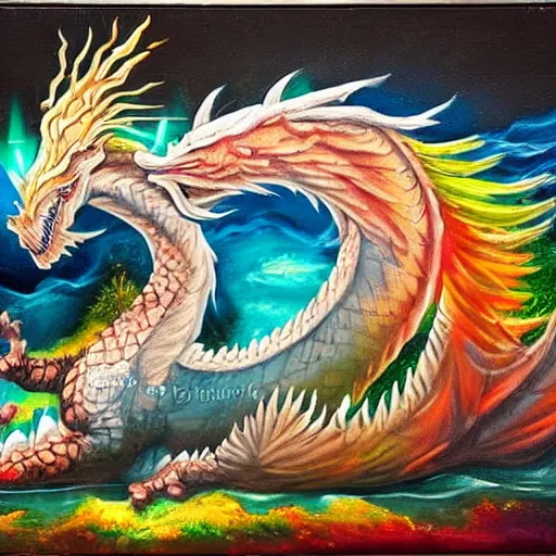 Image similar to highly detailed oil painting of a white dragon sitting in a colorful hotspring within a dark cavern