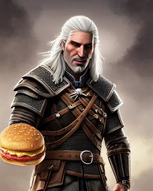 Prompt: portrait of geralt of rivia eating a giant hamburger, fantasy, intricate, elegant, highly detailed, digital painting, artstation, concept art, smooth, sharp focus, illustration, by artgerm and greg rutkowski