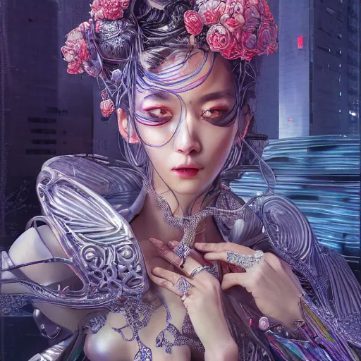 Image similar to the portrait of an absurdly beautiful, graceful, elegant, sophisticated, fashionable cyberpunk gravure idol, an ultrafine hyperdetailed illustration by kim jung gi, irakli nadar, hong june hyung, intricate linework, bright colors, porcelain skin, mixed metals, unreal engine 5 highly rendered, global illumination, radiant light, detailed and intricate environment