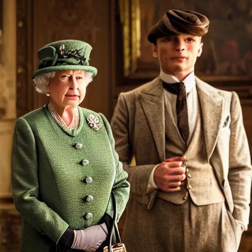 Prompt: Queen Elizabeth holds Tommy Shelby at gunpoint in an episode of Peaky Blinders