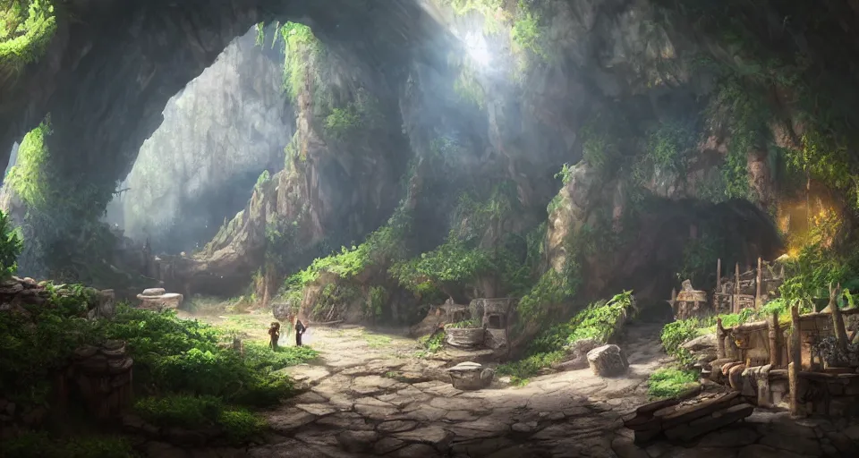 Prompt: An epic fantasy anime style landscape painting of a thieves den hidden inside a cavern, unreal 5, DAZ, hyperrealistic, octane render, dynamic lighting