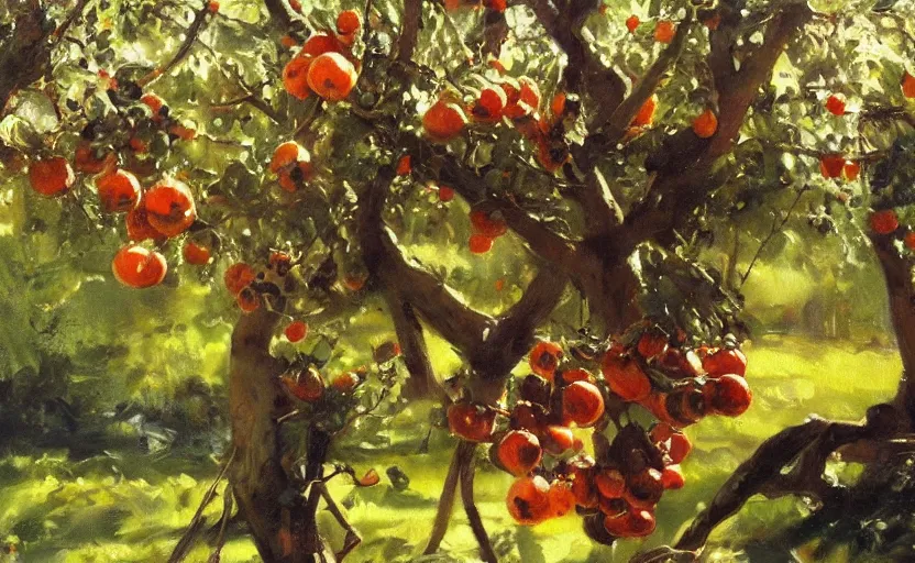 Prompt: oil painting lanscape by anders zorn, nature, fruit trees, very very very very beautiful art, dramatic light, complex robitics closeup, motorized robot