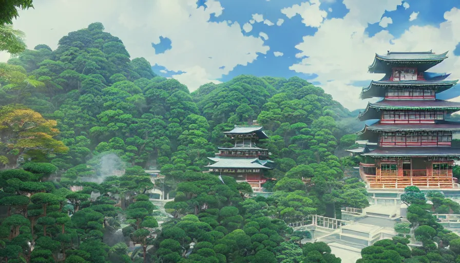 Image similar to misty clouds, japanese buddhist temple with lush plants and secret doors, wes anderson style hotel temple, magic chairlifts. hyper detailed, architectural concept, full building, dynamic angle, intricate, lineart, cerpuscular rays, lily flowers. by yoshitaka amano, alfons mucha and makoto shinkai. 8 k