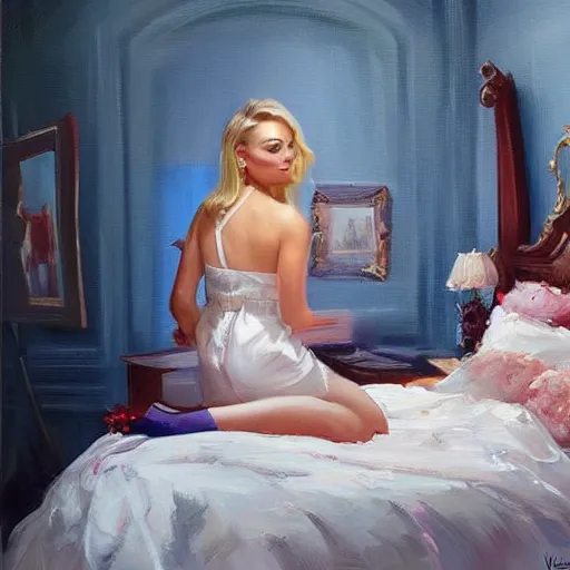 Prompt: margot robbie in the bedroom painting by Vladimir Volegov