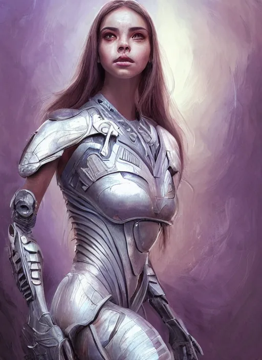 Image similar to a professional painting of a beautiful young female alien, clothed in ethereal armor, olive skin, long dark hair, beautiful bone structure, symmetrical facial features, intricate, elegant, digital painting, concept art, smooth, sharp focus, illustration, from Valerian and the City of a Thousand Planets, by Ruan Jia and Mandy Jurgens and Artgerm and William-Adolphe Bouguerea