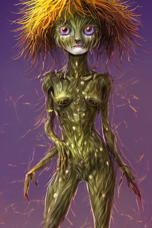 Image similar to a humanoid figure dandelion plant monster, amber eyes, highly detailed, digital art, sharp focus, ambient glow, trending on art station, anime art style