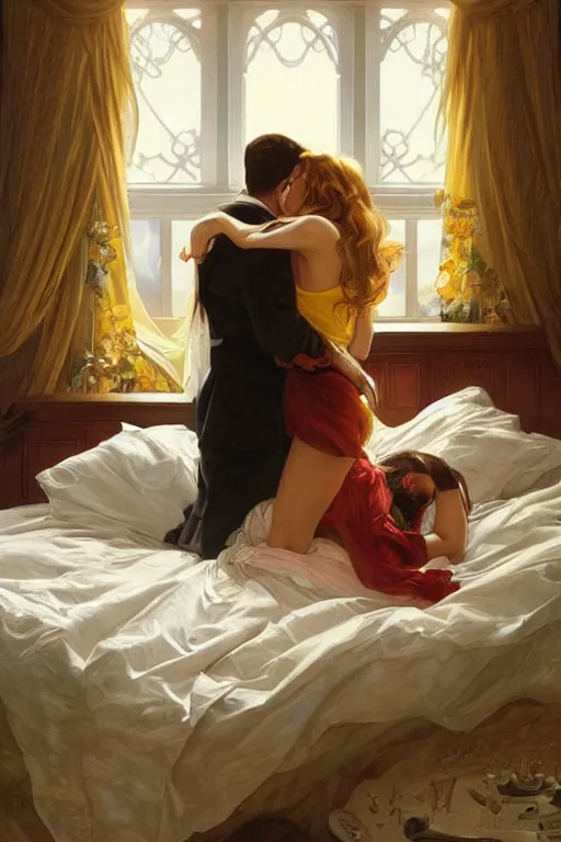 Image similar to portrait of a man in dhl uniform hugging his wife in a bed, feelings, romantic, fantasy, intricate, elegant, highly detailed, digital painting, artstation, concept art, smooth, sharp focus, illustration, art by artgerm and greg rutkowski and alphonse mucha