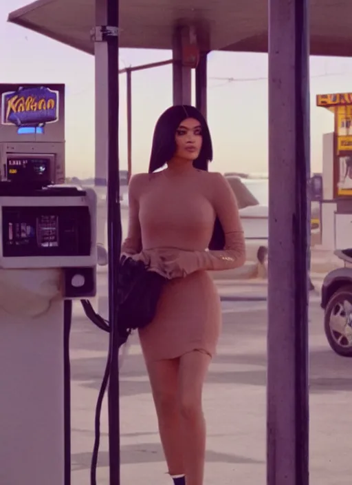 Prompt: a pov, color cinema film still of kylie jenner standing at a gas station, ambient lighting at night, from better call saul ( 1 9 9 9 ).