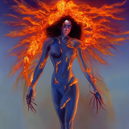 Image similar to A beautiful painting of a goddess with a body made of flames by Jim Burns, fantasy, Trending on artstation.