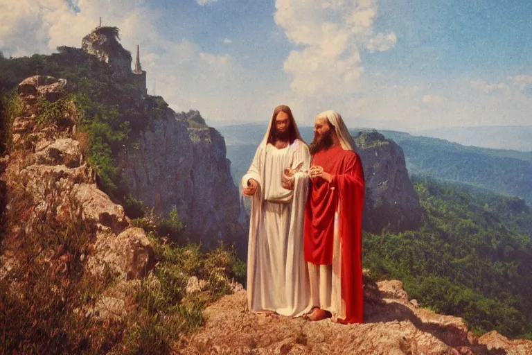Prompt: a unique old analog color photo of mary magdalene and jesus standing on a cliff looking over a beautiful landscape in france, rennes - le - chateau, award winning photo, very detailed, cinematic