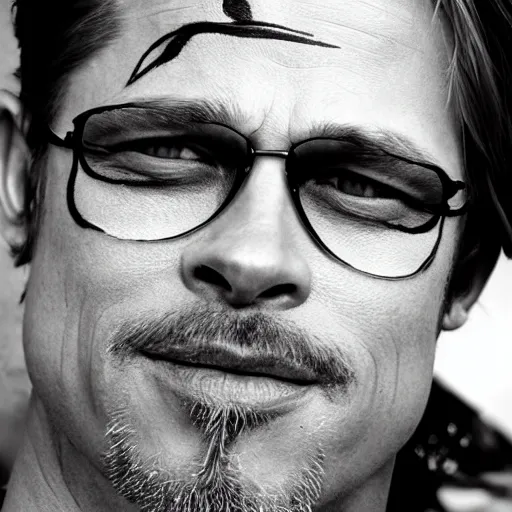 Prompt: photo, close up, brad pitt with camouflage tiger stripe face paint, android cameraphone, 2 6 mm,