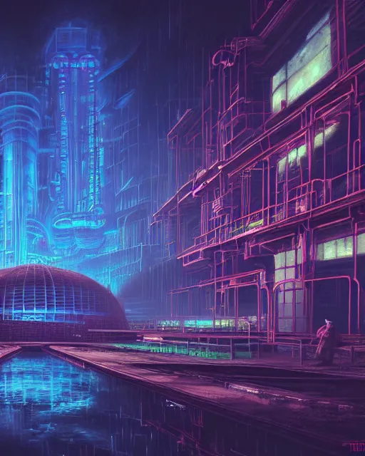 Prompt: a beautiful ultradetailed painting of industrial architecture spirit realm urbex unfinished building city by titian, retrowave atlantis universe made of glass cyberpunk darkacademia biopunk lightpaint matte painting neon signs tron nature myst, archdaily, wallpaper, highly detailed, trending on artstation.