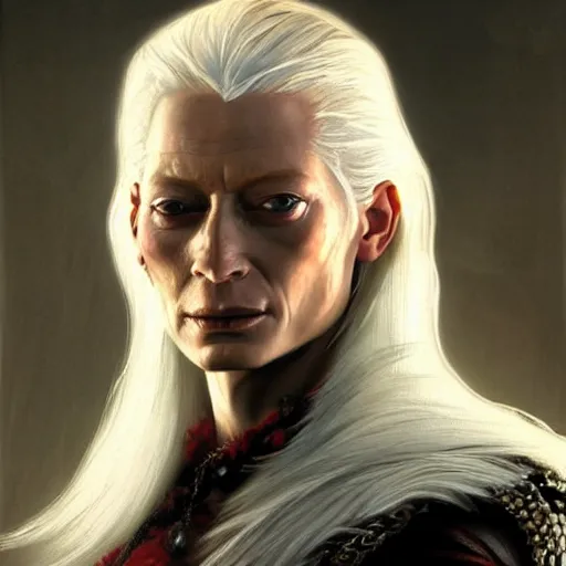 Prompt: ultra realistic portrait painting of tilda swinton as geralt of rivia, art by frank frazetta, 4 k, ultra realistic, highly detailed, epic lighting