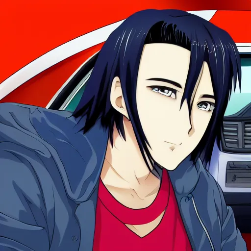 Image similar to closeup of a high definition anime guy with short dark blue hair and black streetwear clothing riding a dark red 1996 Hyundai Accent car with armenia quindio in the background, Artwork by Shuichi Shigeno, pixiv, 8k, official media, wallpaper, hd