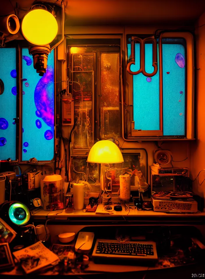 Prompt: telephoto 7 0 mm f / 2. 8 iso 2 0 0 photograph depicting the feeling of chrysalism in a cosy cluttered french sci - fi ( ( art nouveau ) ) cyberpunk apartment in a dreamstate art cinema style. ( ( computer screens, window rain, lava lamp, sink ( ( ( fish tank ) ) ) ) ), ambient light.