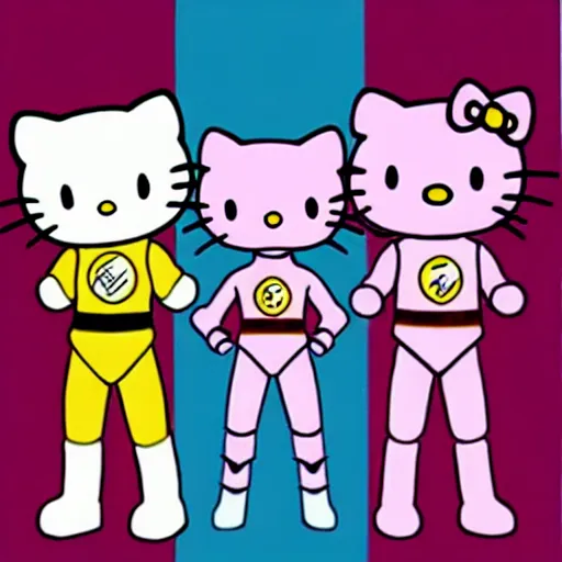 Image similar to hello kitty characters as power rangers, god rays