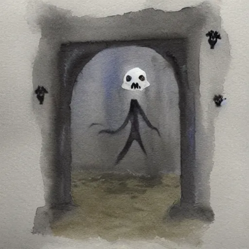 Prompt: A very spooky ghost haunting discord and tugging, watercolor, dark background, foreboding, ominous