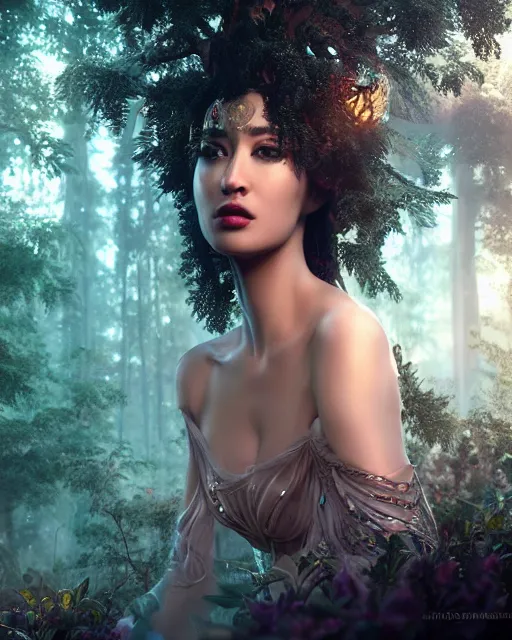 Image similar to beauteous sumptuous dark empress with incredible iridescent pearlescent voluminous hair, photorealistic crystalline masterpiece incrustations, hyperdetailed face, elegant pose, movie still, cinematic forest lighting, intricate accuracy, octane render, cgsociety, artgerm, unreal engine, crepuscular rays, god rays