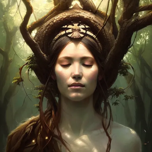 Image similar to a beautiful portrait of a tree goddess with closed eyes by Greg Rutkowski and Raymond Swanland, Trending on Artstation, ultra realistic digital art