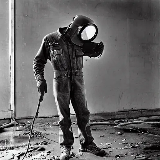 Image similar to welder in welding mask in an abandoned supermarket, by richard avedon, tri - x pan stock