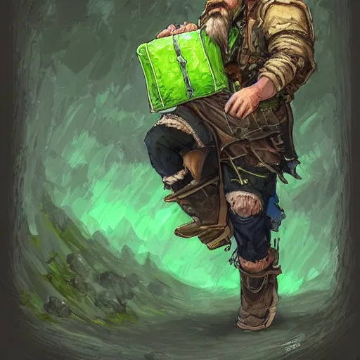 Image similar to a bearded and long haired bicycle food delivery worker with a green bag on his back in ireland, he has boots, hearthstone art style, epic fantasy style art by kim jung gi, fantasy epic digital art