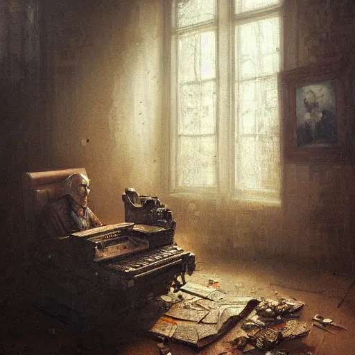 Prompt: a disheveled old disbarred lawyer boarded up in his house, isolated alone on a typewriter typing out paranoid rants, detailed artstation marc simonetti andrei riabovitchev rembrandt oil on canvas shimmer