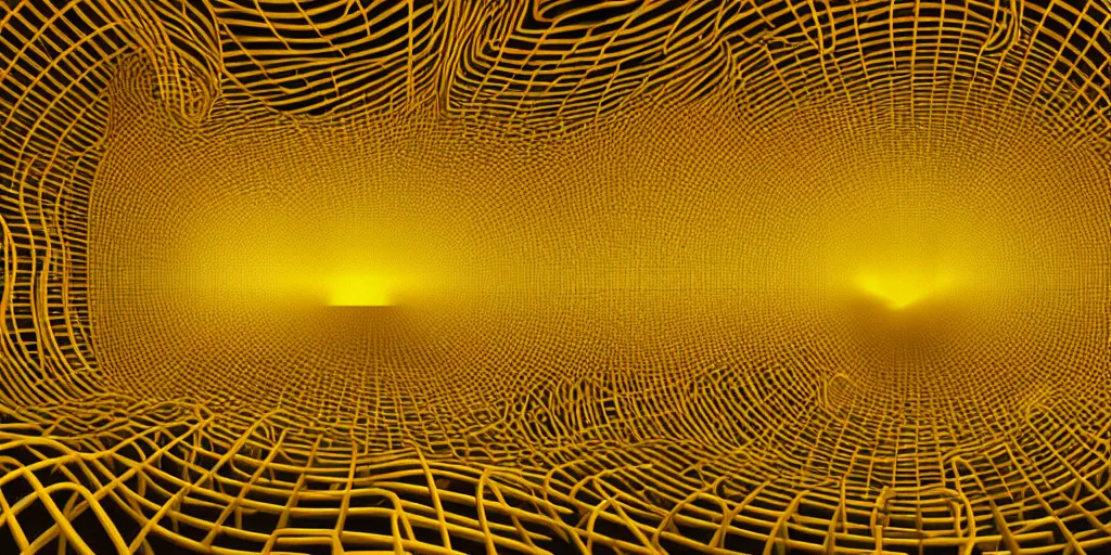 Prompt: deep twisting communal hive maze of yellow tubes and warm light, award winning art, epic dreamlike fantasy landscape, art print, science fiction, ultra realistic,