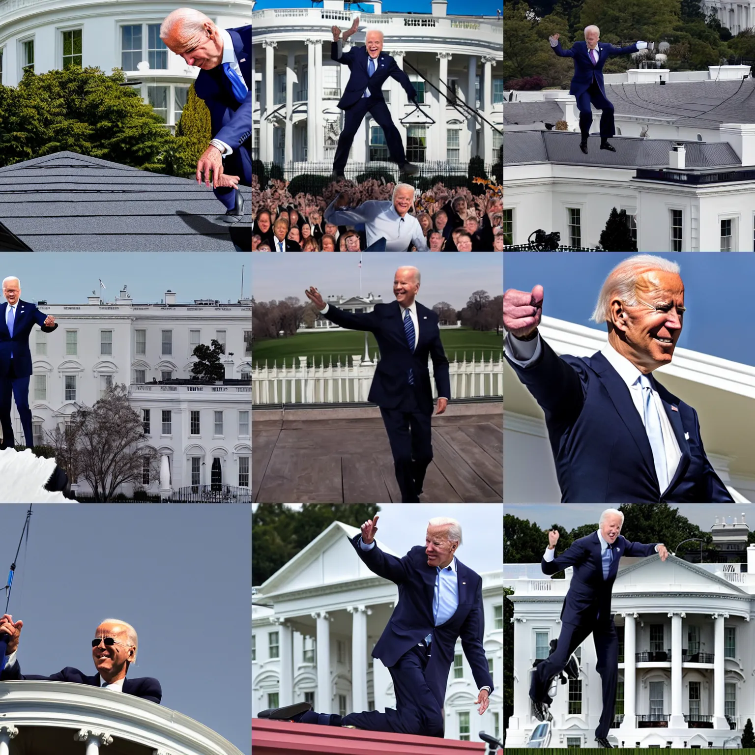 Prompt: Joe biden doing a dab on the roof of the white house, hyper realistic, 4k