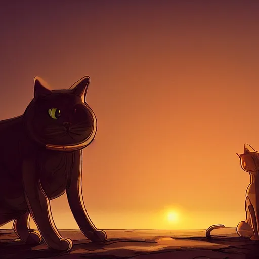 Prompt: a cat with a robot watching the sunset, digital art, smooth, detailed, artstation