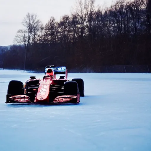 Image similar to an f1 car drifting across a frozen ice lake, cinematic shot