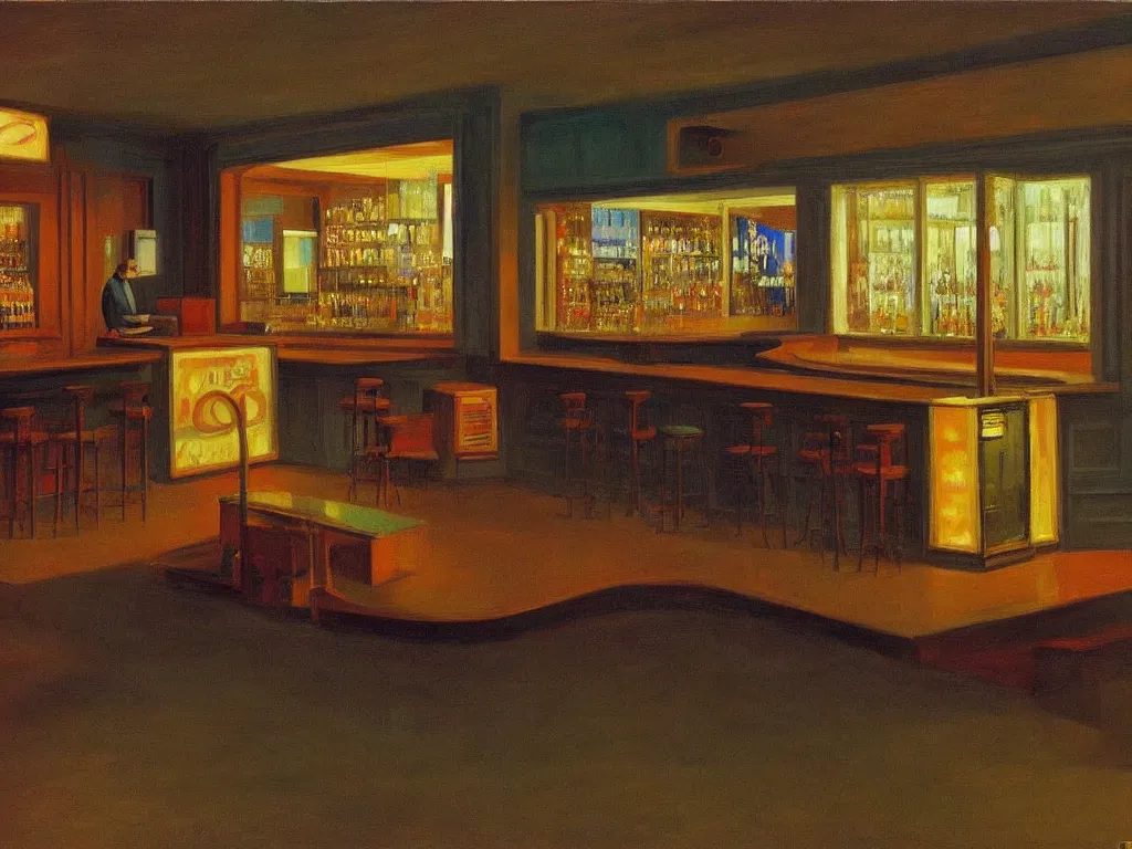 Image similar to interior view of an empty bar in the 70s with a jukebox at night, ultra view angle view, realistic detailed painting by edward hopper