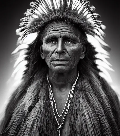 Image similar to Award winning Editorial photo of a Native Iroquois with incredible hair and hyper-detailed eyes wearing traditional garb by Edward Sherriff Curtis and Lee Jeffries, 85mm ND 5, perfect lighting, gelatin silver process