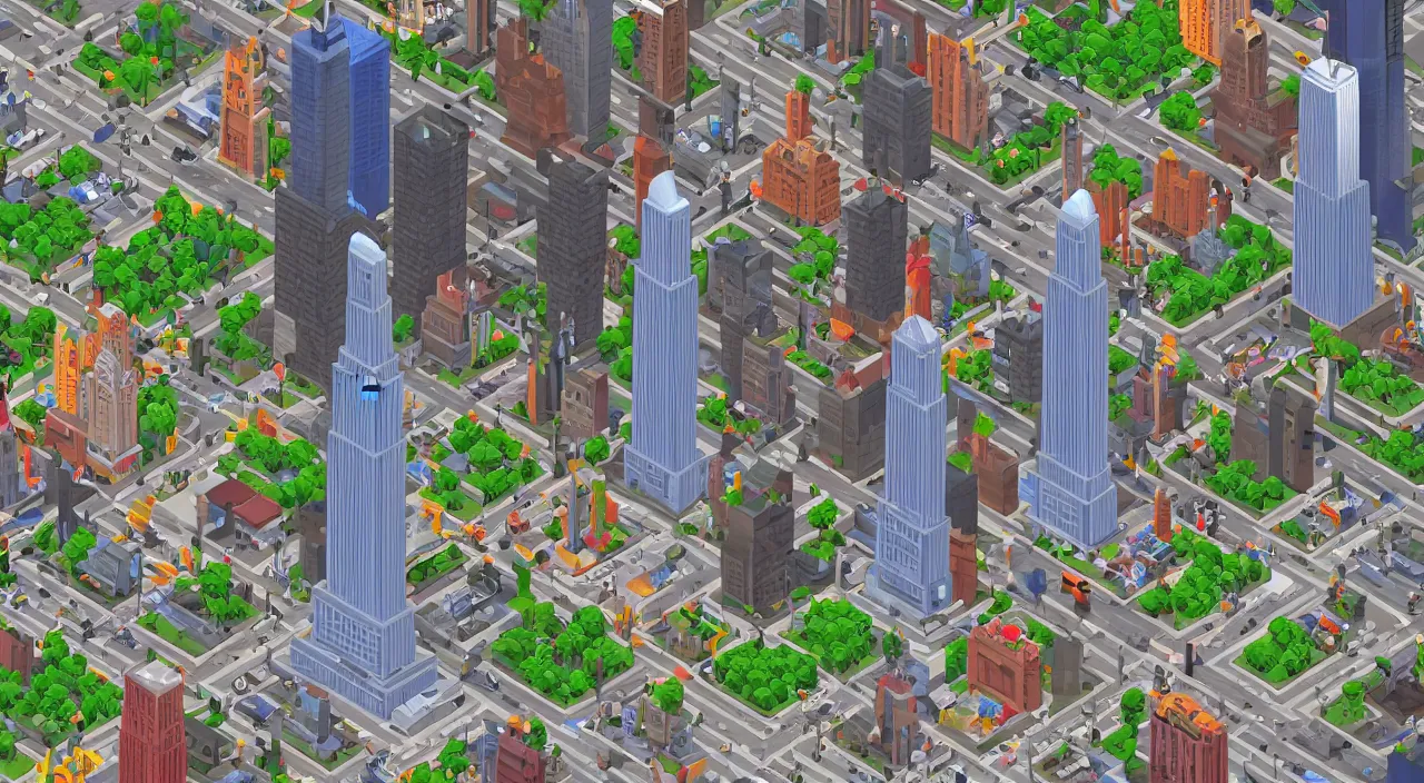 Prompt: Los Angeles in SimCity2022 style. isometric. retro. pixelart. maxis. cars. people. 5th Avenue. Statue of liberty. Flatiron building. United nations Headquarters. Chrysler building. Times Square. Central Park. Rockefeller Plaza. Empire State. Pixel art,