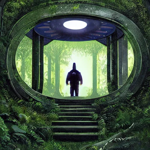 Image similar to stairs leading to a derelict portal in a middle of a lush futuristic forest, alien world seen through a portal, person in a cloak standing in front of a portal, daylight, cinematic lighting, syd mead, john harris