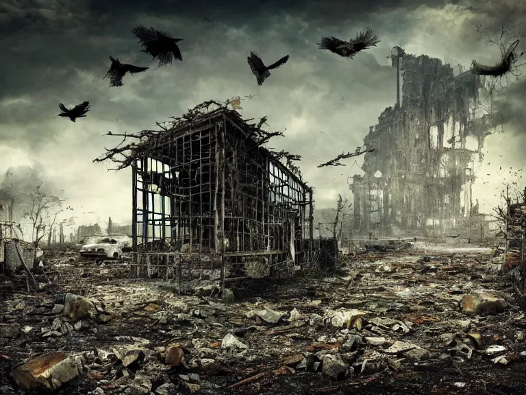 Prompt: postapocalyptic picture of black raven in cage, very emotional, ruins around, nuclear explosion, erik johansson style, conceptual art, the last day on the earth, insane detail, hyper realistic 8 k textured