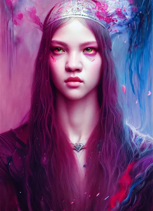 Prompt: jossi of blackpink, king, tarot card, highly detailed, digital painting, smooth, sharp focus, illustration, ultra realistic, octane, render, unreal engine 8 k, art by karol bak and agnes cecile