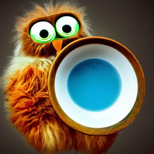 Image similar to Furby submerged in a bowl of alphabet soup