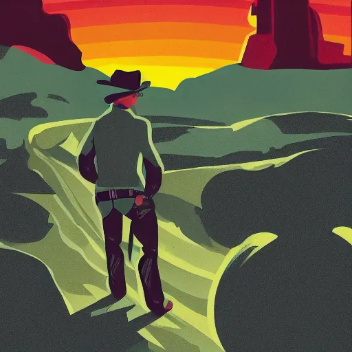 Prompt: digital illustration cowboy on the range, beautiful New Mexico landscape, Art Deco, dark deco, animated series, by Eric Radomski