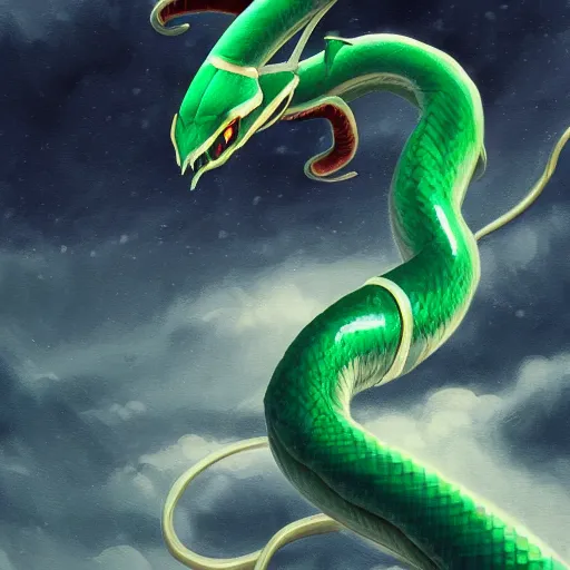 Prompt: rayquaza the snake like dragon pokemon flying in the sky, regal, imposing, dark, winter, snow, beautiful, stunning, hd, illustration, epic, d & d, fantasy, intricate, elegant, highly detailed, wide angle, digital painting, artstation, concept art, smooth, sharp focus, illustration, wallpaper, art featured on artstation