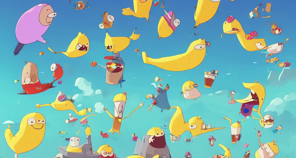 Image similar to cartoon banana birds swimming in ice cream in the style of adventure time, the amazing world of gumball, pixar, toki doki, greg rutkowski and makoto shinkai, trending on artstation