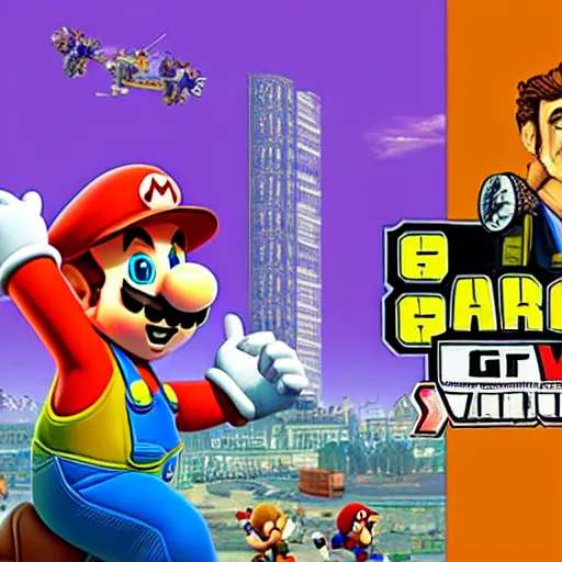 Image similar to Super Mario in GTA V, Cover art by Stephen Bliss, Boxart, loading screen